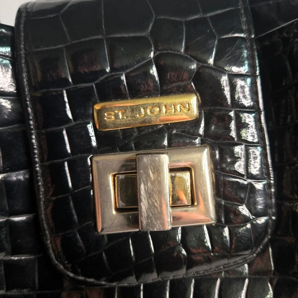 St. John Black Croc Embossed Patent Leather Tote Bag Gold Turn Lock Shoulder Bag